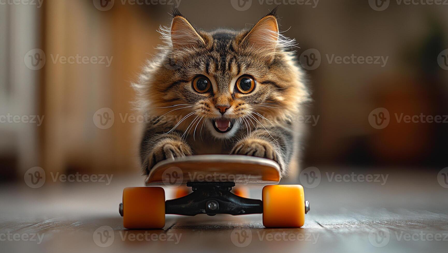 A cat is riding a skateboard with its mouth open. The cat is looking at the camera and he is enjoying the ride photo