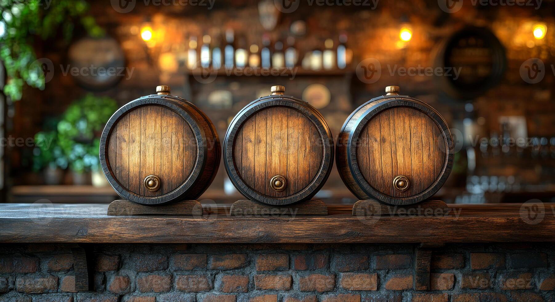 Three wooden barrels are on a wooden counter in a bar. The barrels are brown and have a rustic appearance. The bar has a brick wall and a potted plant in the background photo