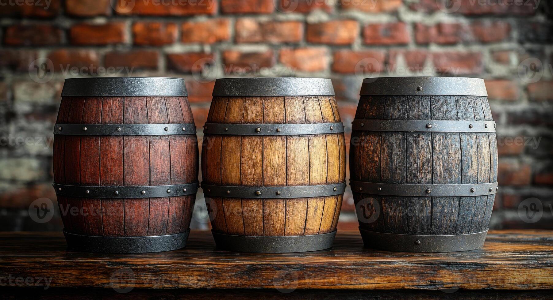 Three barrels of different colors are lined up on a wooden table. The barrels are made of wood and have a rustic appearance. The arrangement of the barrels creates a sense of depth and dimension photo