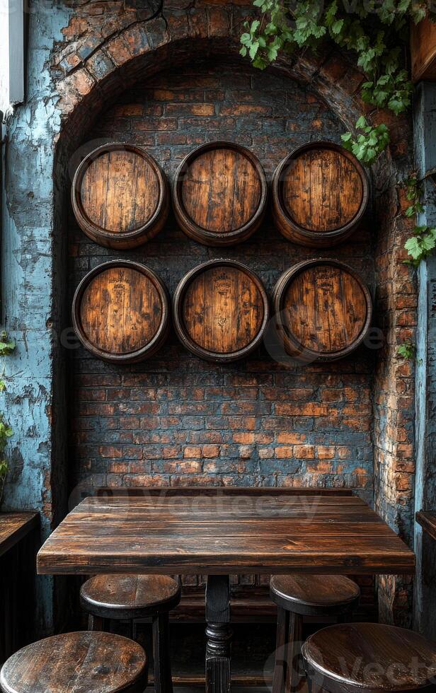 A rustic brick wall with wooden barrels and a wooden table with six stools. The atmosphere is cozy and inviting photo