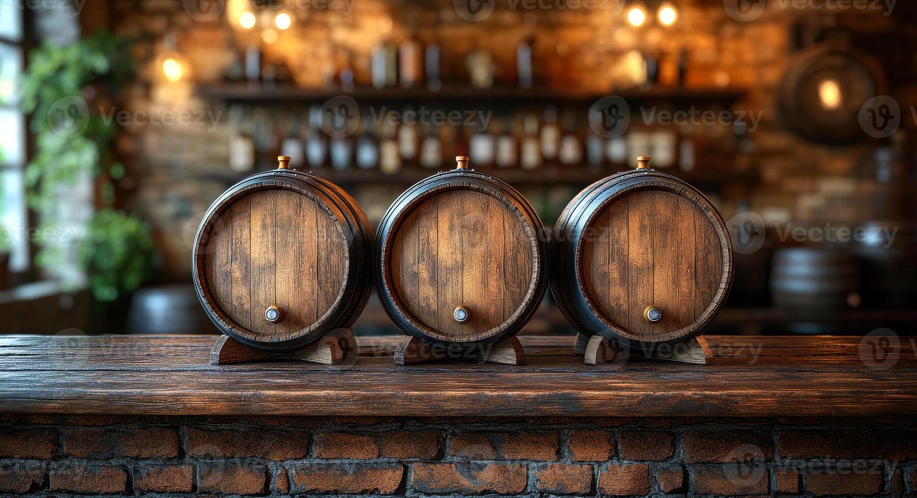 Three wooden barrels are on a wooden counter in a bar. The barrels are wooden and have a rustic appearance. The bar has a brick wall and a potted plant in the background photo