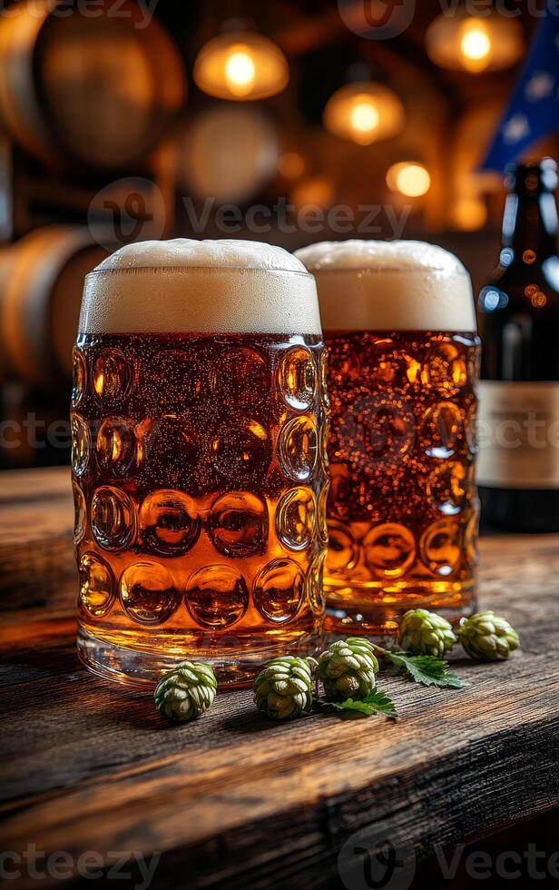 Two mugs of beer are on a wooden table with a bunch of green leaves. Scene is relaxed and casual, as the two mugs of beer suggest a laid-back atmosphere photo