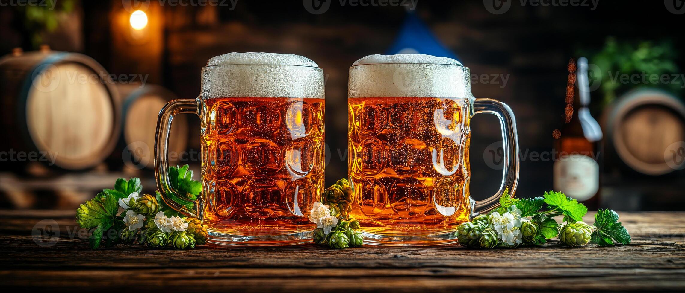 Two mugs of beer are on a wooden table with a bunch of green plants. Scene is relaxed and casual photo