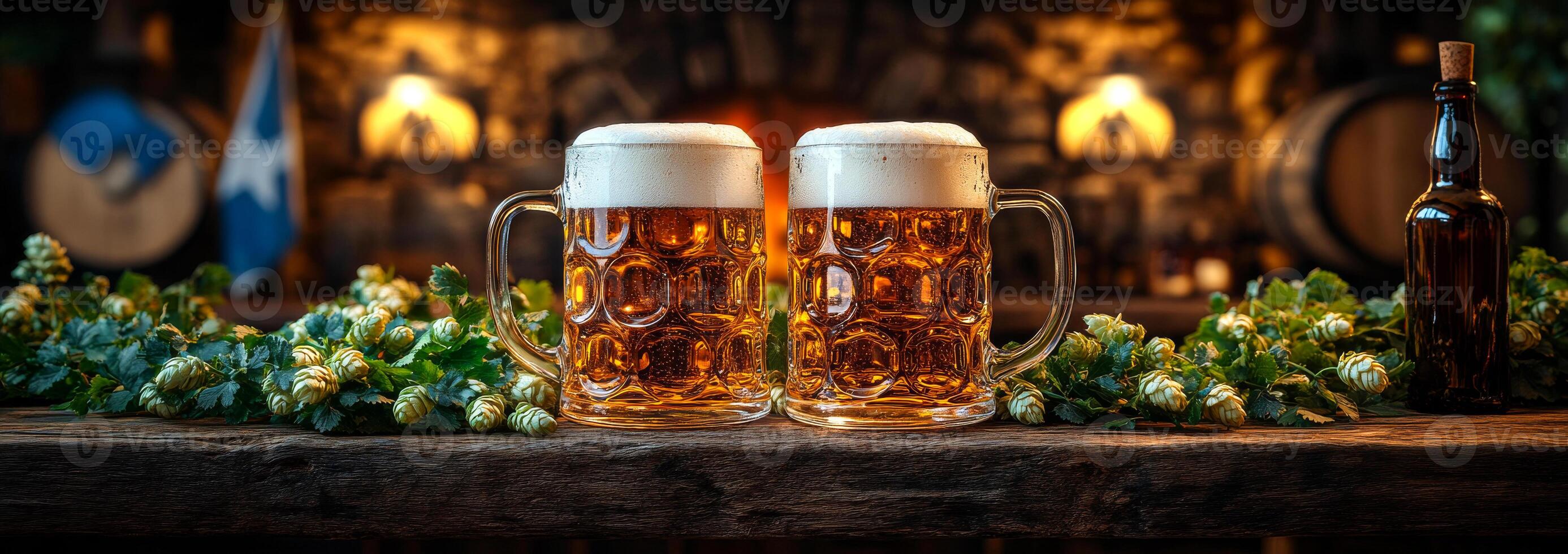 Two mugs of beer are on a table next to a fireplace. The mugs are filled with foam and the table is made of wood photo