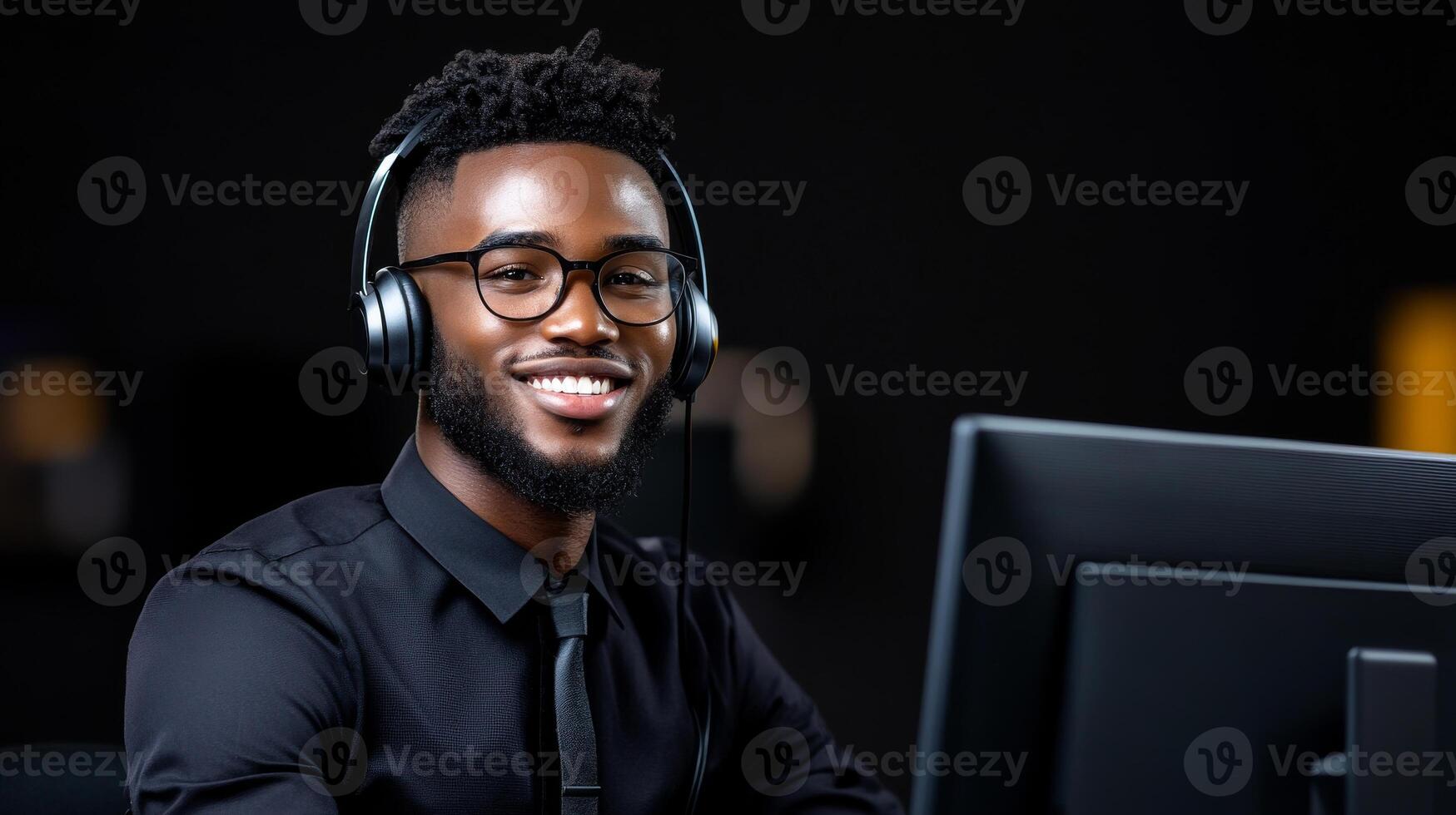 A man wearing a black shirt and tie is smiling while wearing headphones and sitting in front of a computer monitor photo
