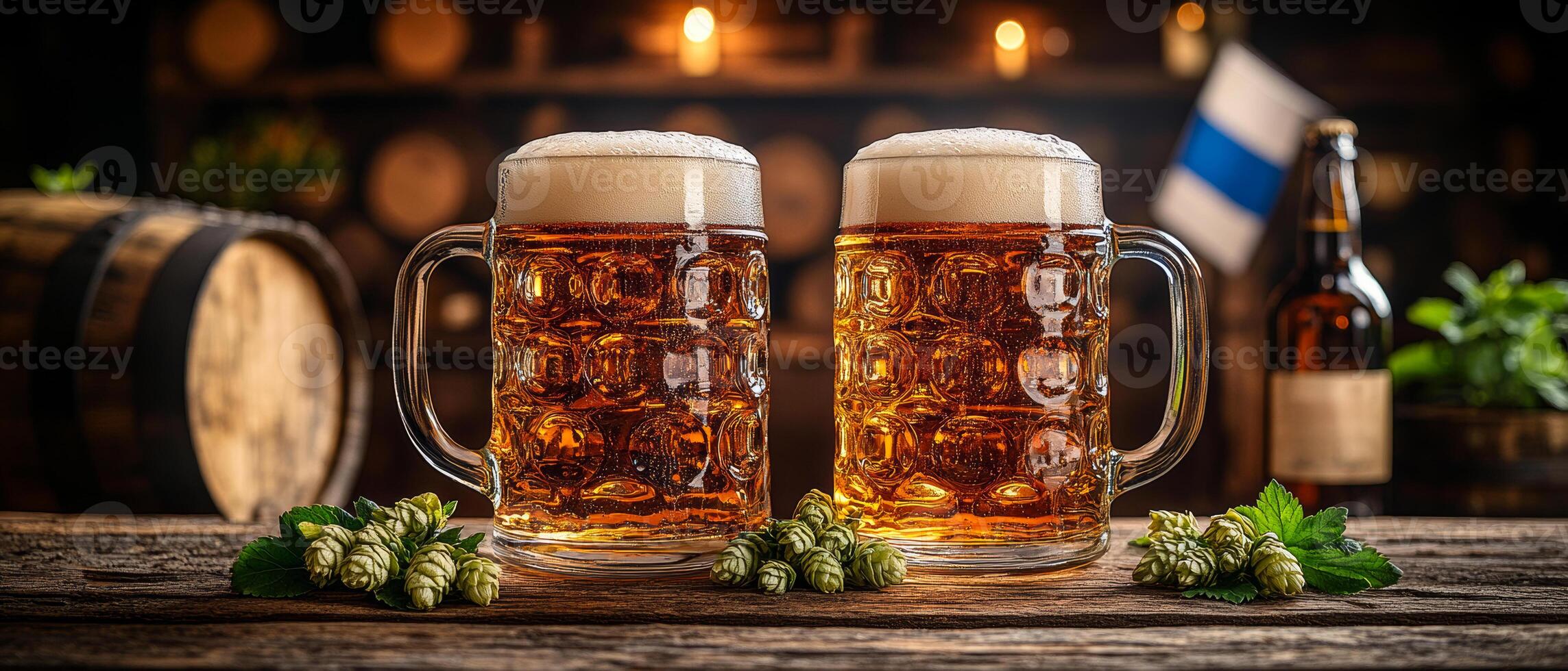 Two mugs of beer are on a wooden table with a bunch of green plants. Scene is relaxed and casual, as it seems like a gathering of friends or family enjoying a drink together photo