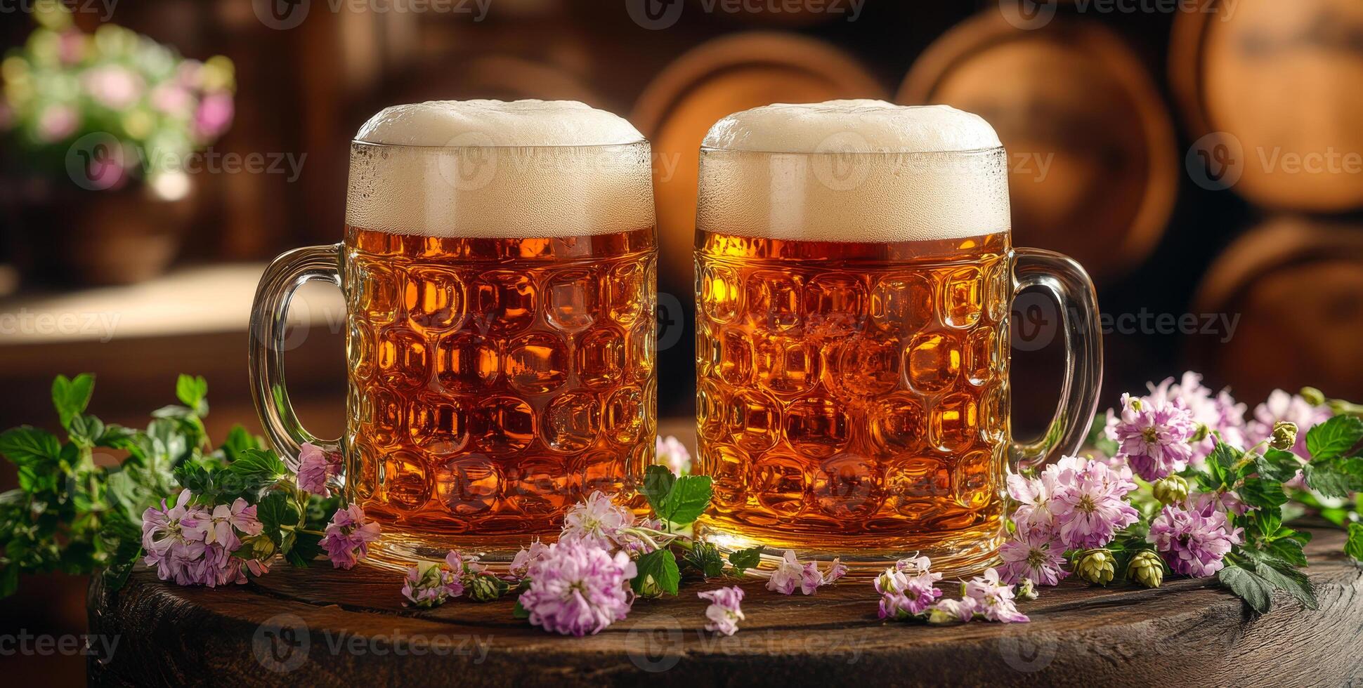 Two mugs of beer are on a wooden table with flowers in the background. Scene is relaxed and casual, as the mugs and flowers suggest a laid-back atmosphere photo
