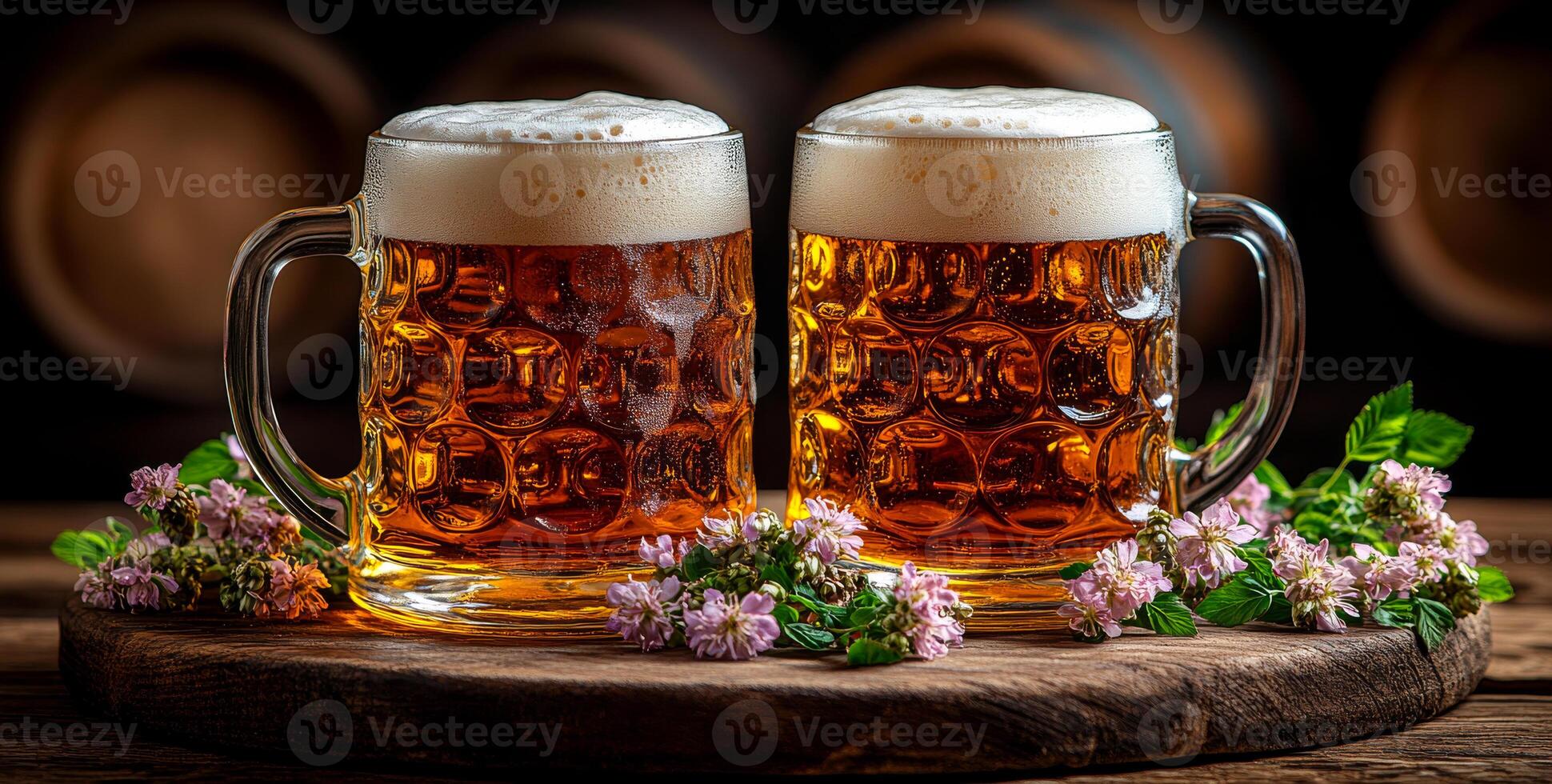 Two mugs of beer are on a wooden table with flowers in the background. Scene is relaxed and casual, as the mugs and flowers suggest a laid-back atmosphere photo