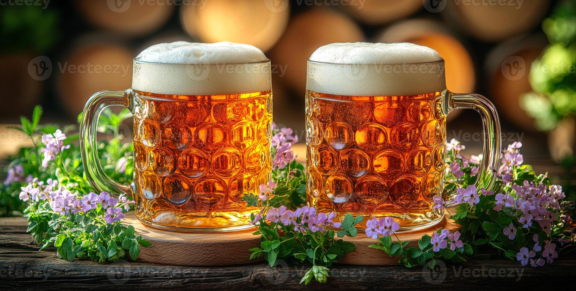 Two mugs of beer are on a wooden table with flowers in the background. Scene is relaxed and casual, as the mugs and flowers suggest a laid-back atmosphere photo