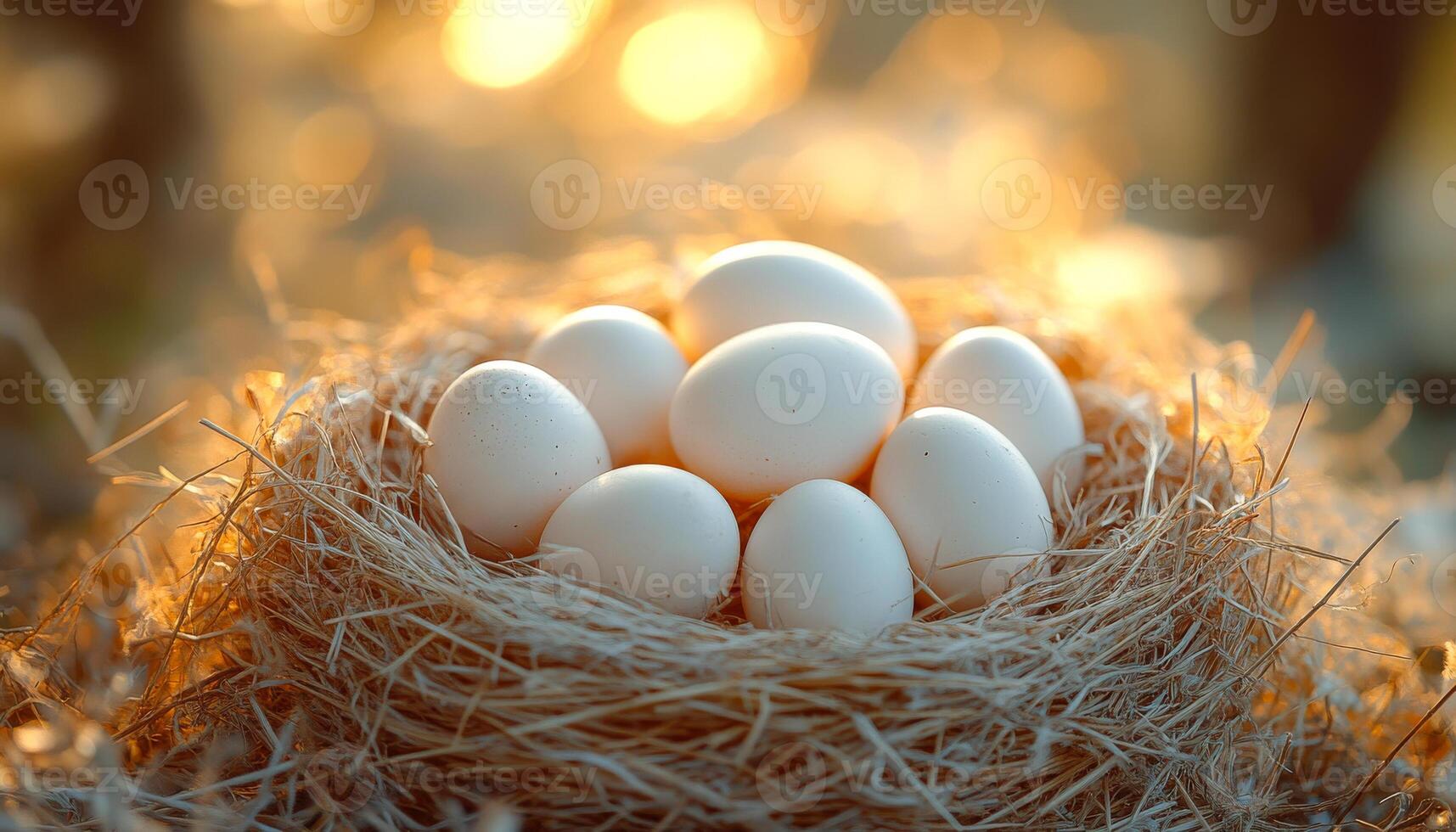 A nest of eggs is sitting on a straw-like material. The eggs are white and appear to be fresh. The nest is small and cozy, providing a safe and comfortable environment for the eggs photo