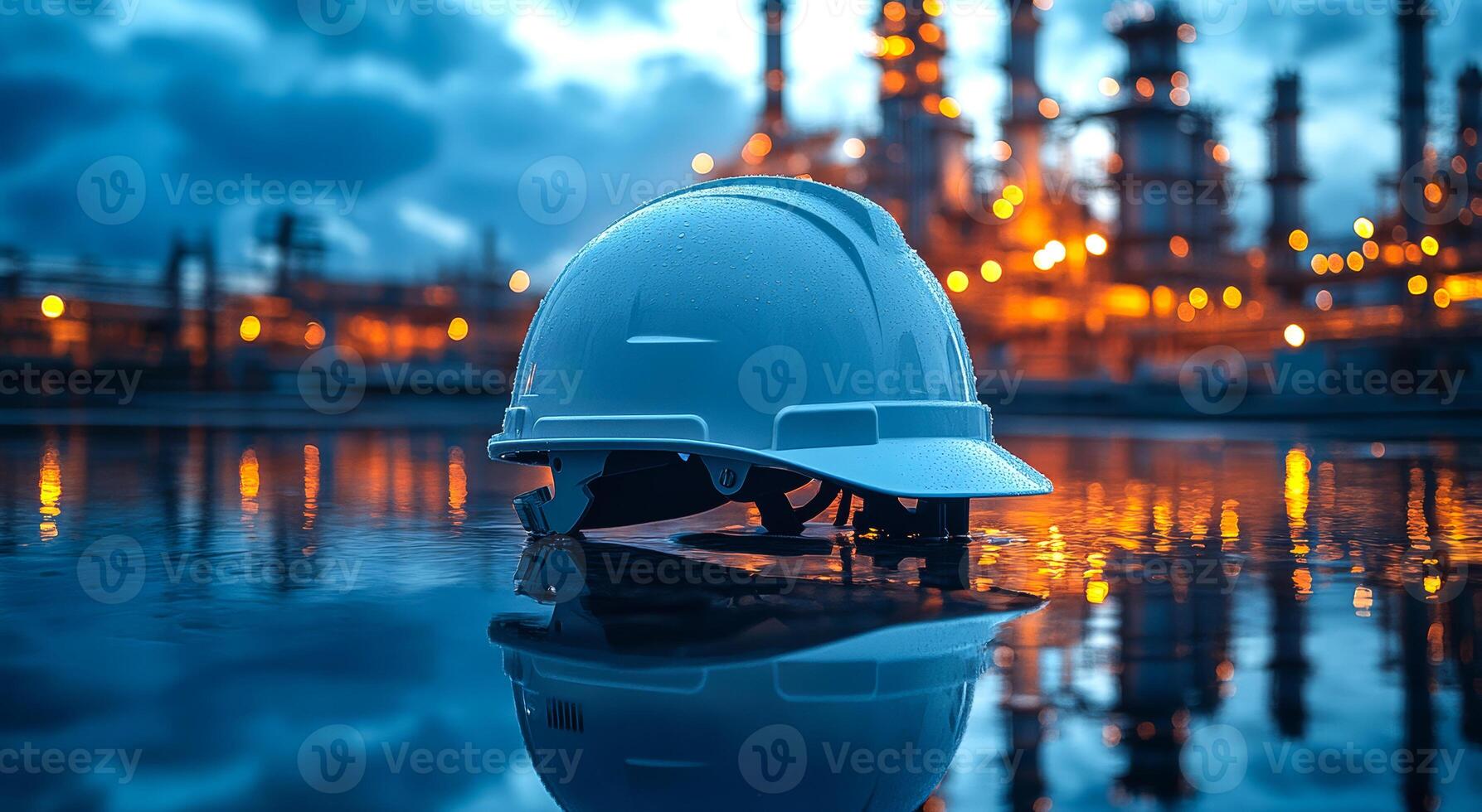 A white hard hat is sitting on the water. The reflection of the hat and the surrounding area creates a mood of industrial work and the importance of safety in such environments photo