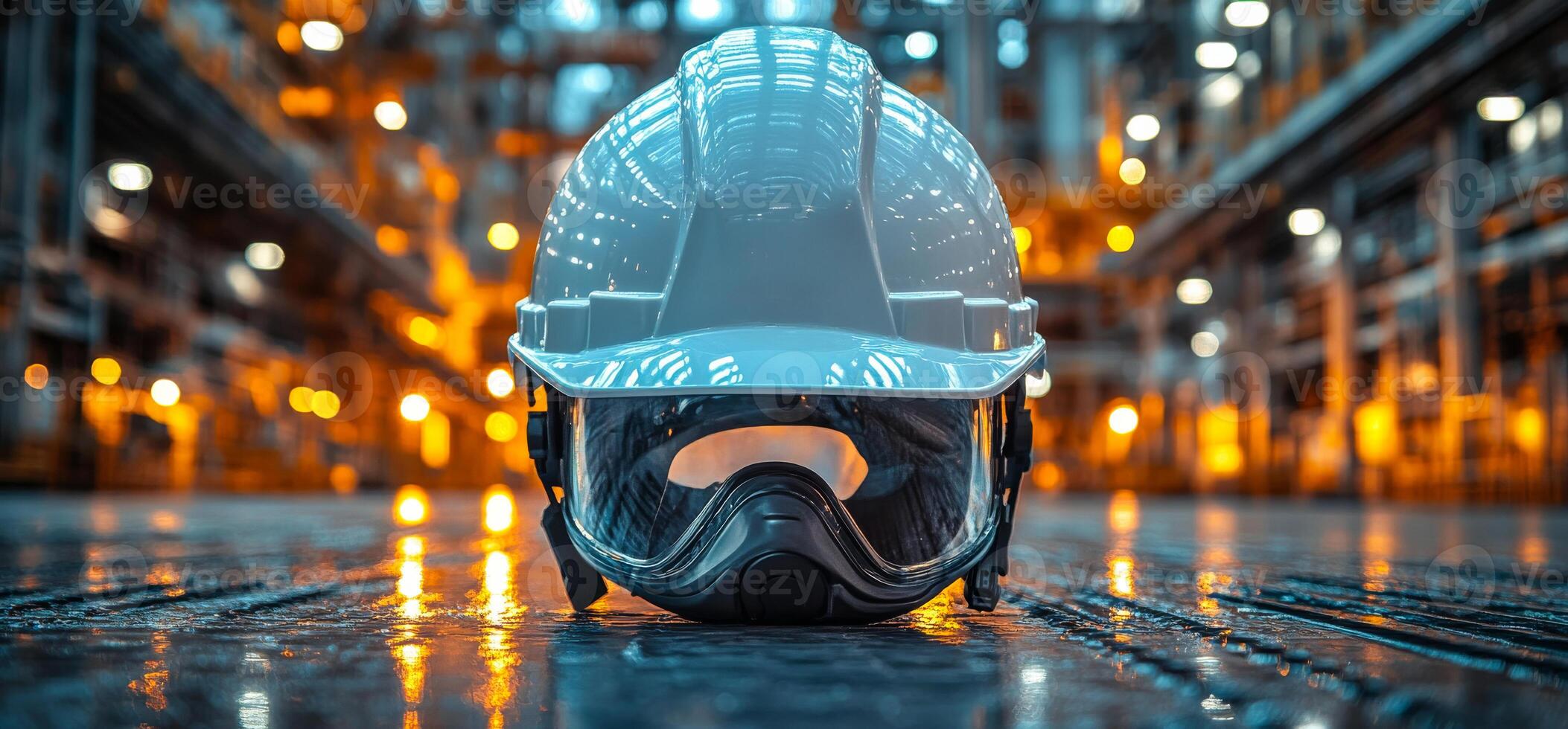 A white hard hat is on the ground in front of a building. The image has a mood of industrial or construction work photo