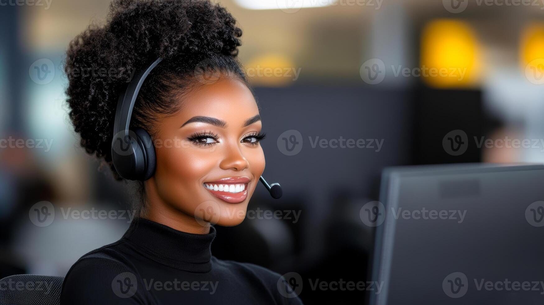 A woman wearing a headset and smiling at the camera. She is a customer service representative. The image conveys a positive and friendly atmosphere photo