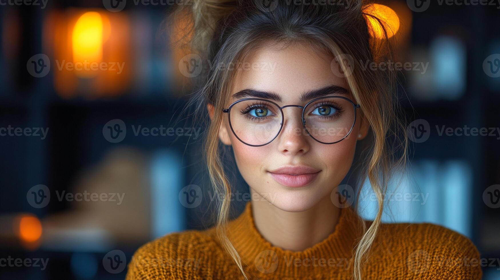 A woman with glasses and a yellow sweater is smiling at the camera. The image has a warm and friendly mood, with the woman's smile and the bright colors of her sweater and glasses photo