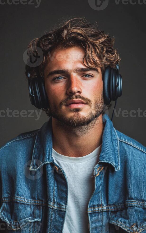 A man wearing a blue jacket and white shirt is wearing headphones. He has a beard and is wearing a blue jacket photo
