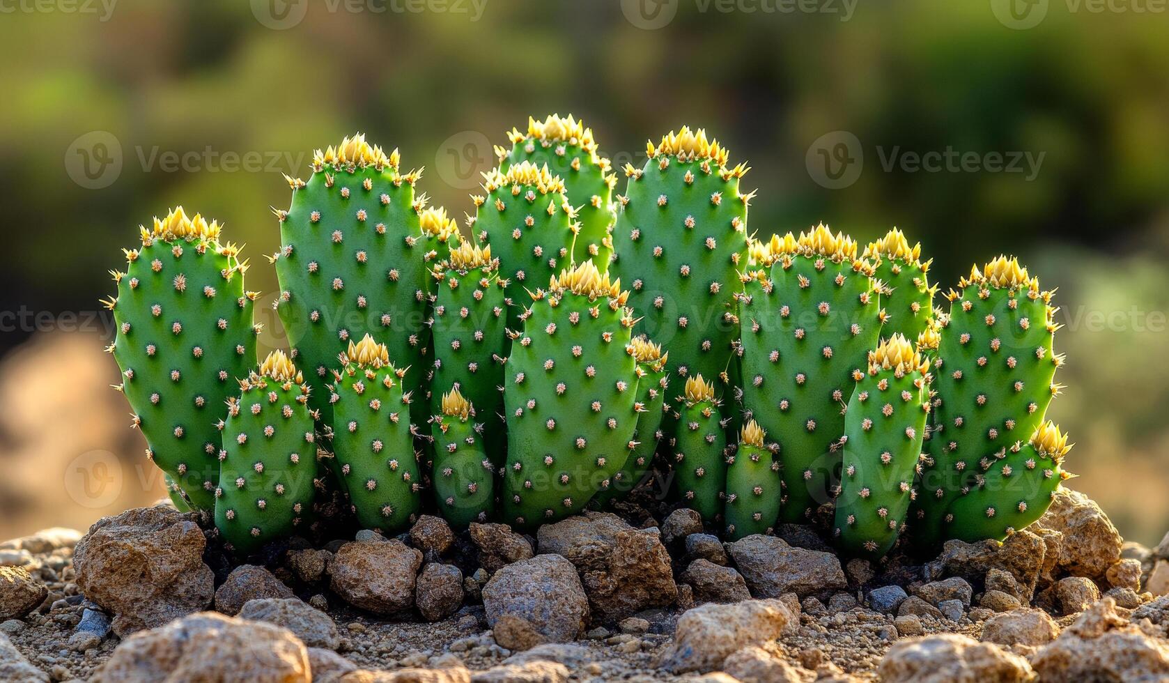 A group of cactus plants with yellow flowers. The cactus plants are in a rocky area with a lot of dirt photo