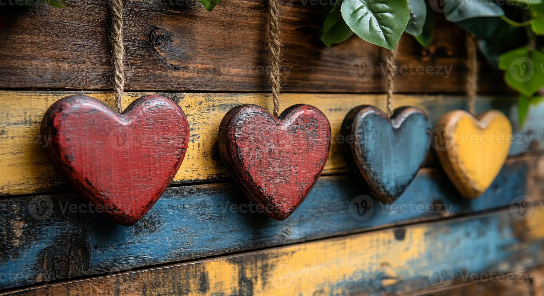 A row of wooden hearts hanging from a wooden board. The hearts are of different colors and sizes photo