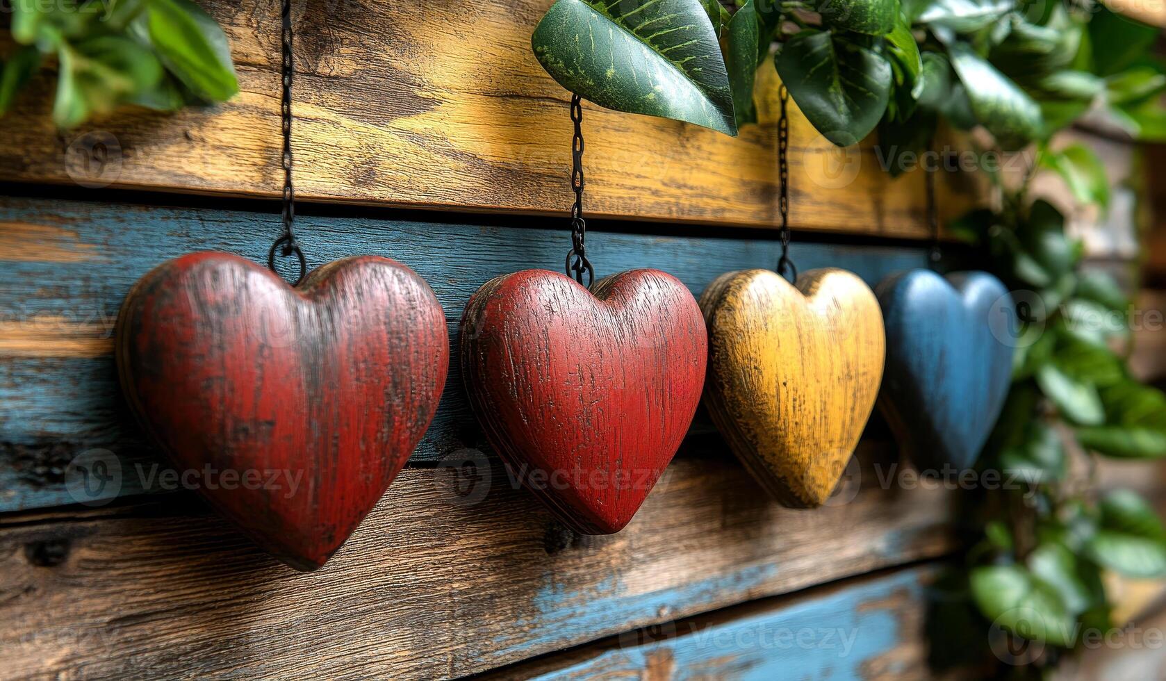 A row of wooden hearts hanging from a wall. The hearts are of different colors and sizes. Concept of warmth and love, as the hearts are arranged in a row, suggesting unity and togetherness photo