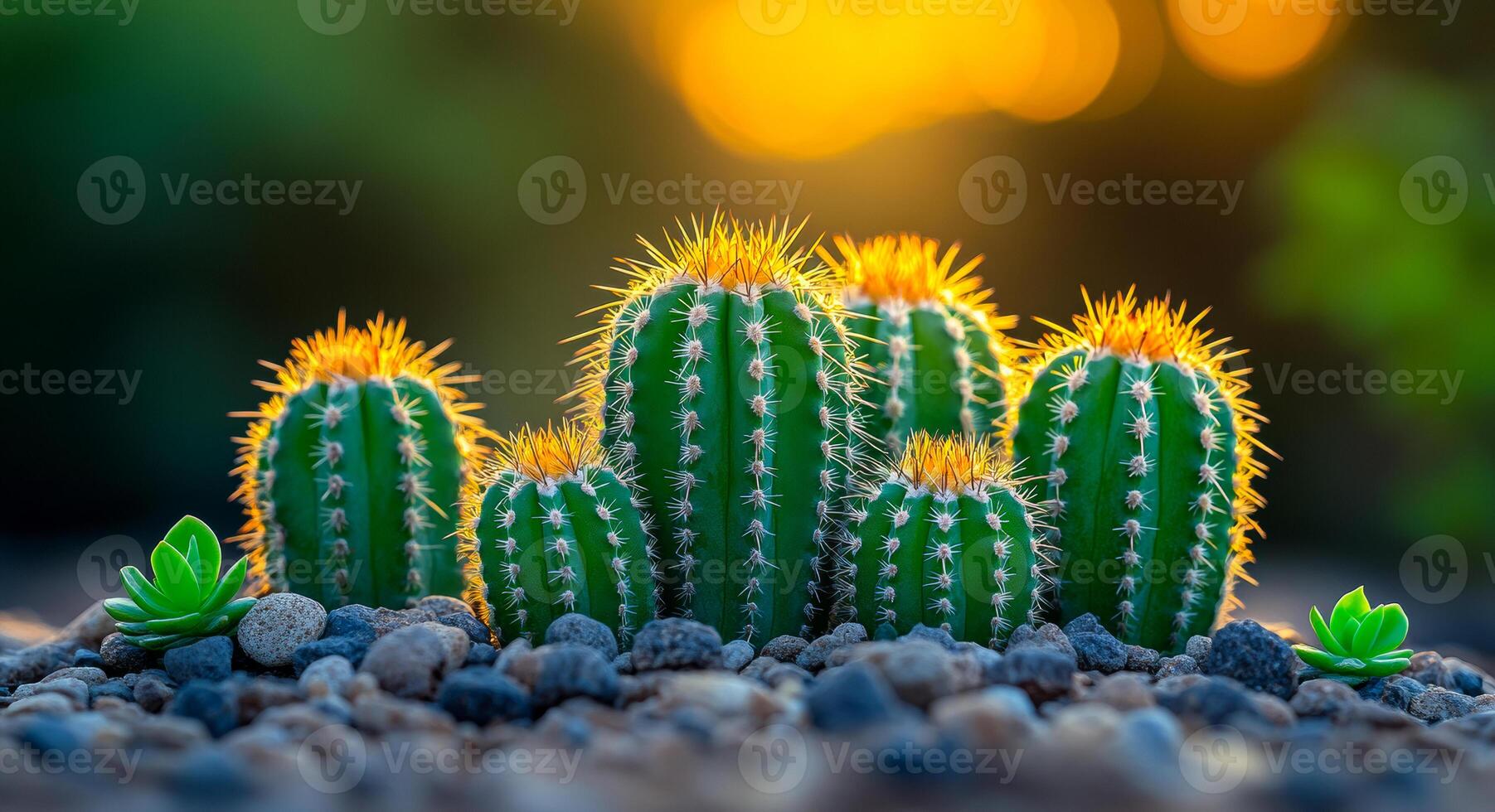A group of cacti are sitting on a rocky surface. The cacti are green and have spines. The image has a natural and peaceful feel to it photo