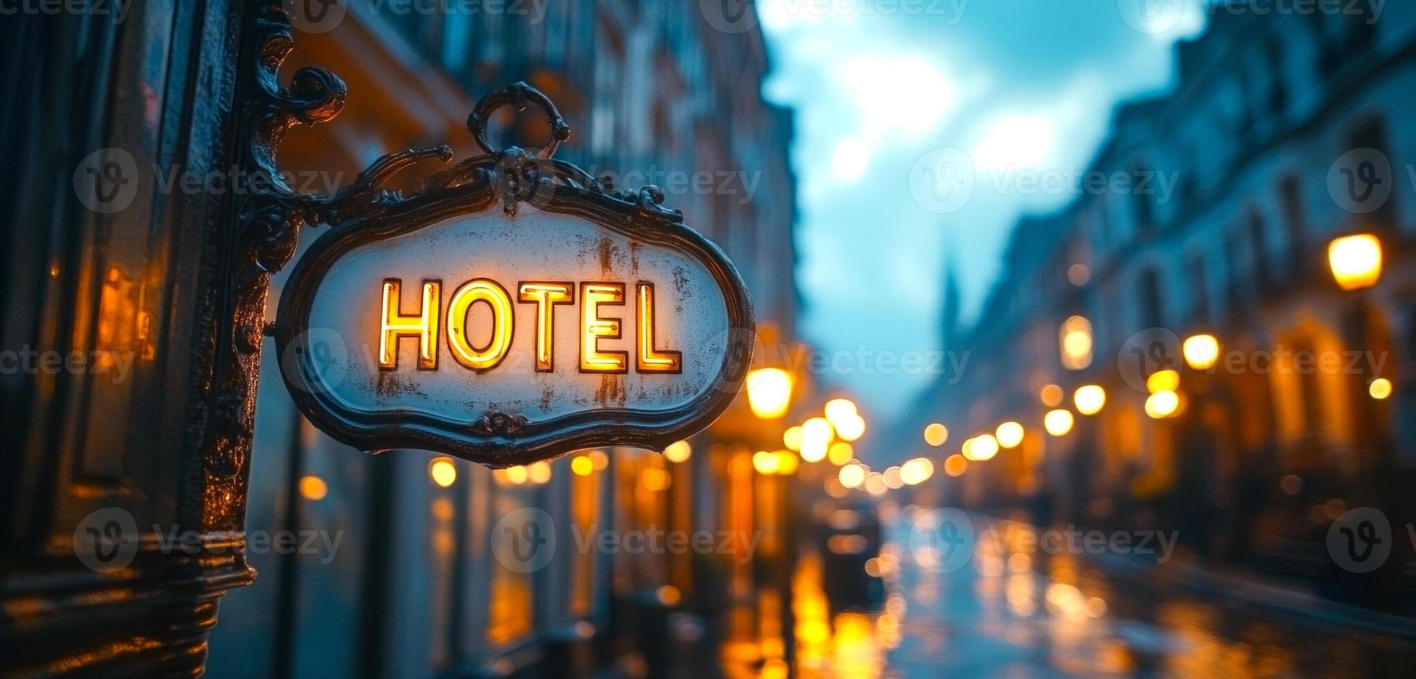 A sign for a hotel is lit up in the rain. The sign is on a street corner and is surrounded by lights photo