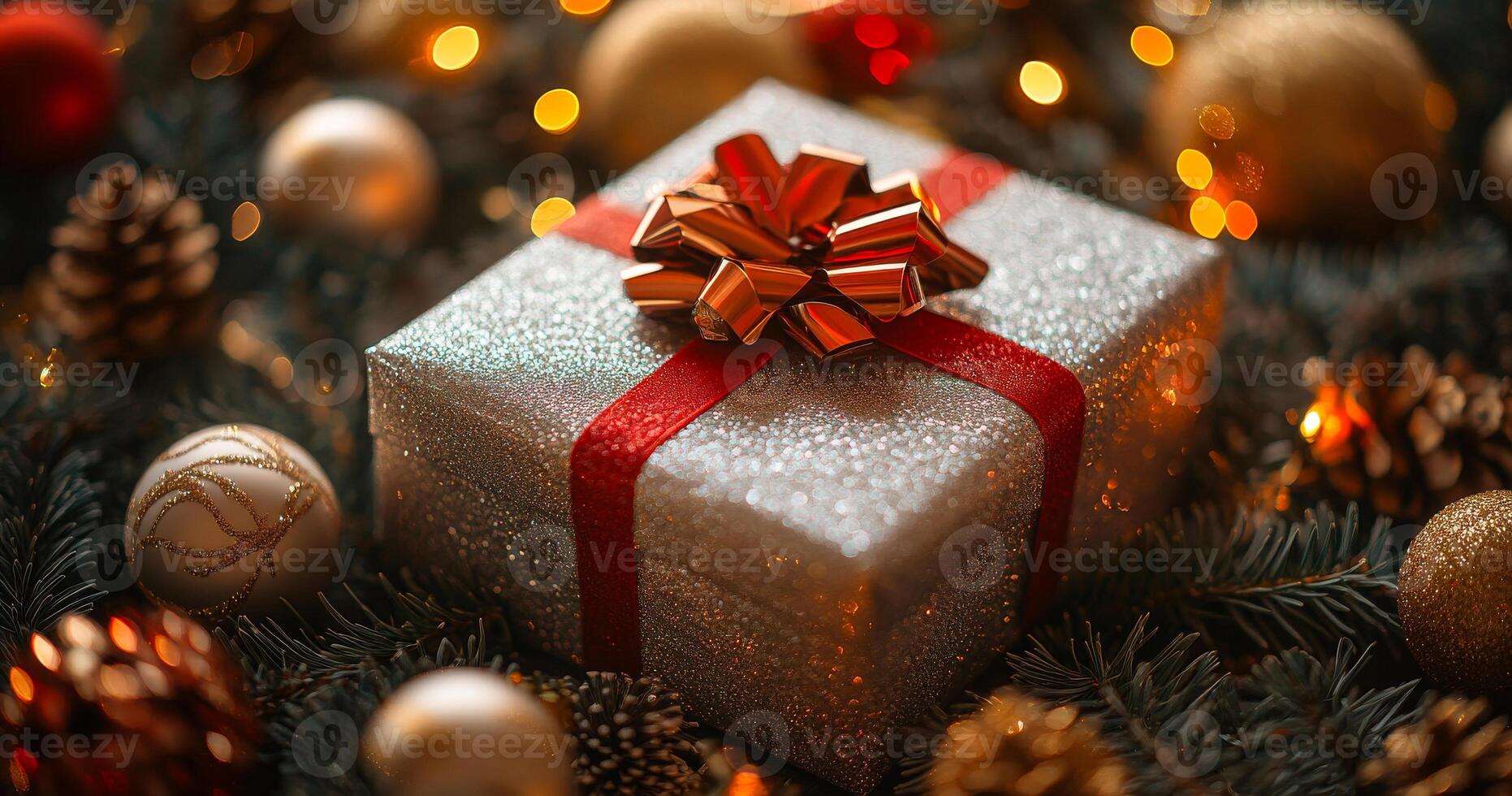 A white box with a red ribbon sits on a Christmas tree. The box is decorated with gold and silver ornaments and a red bow photo