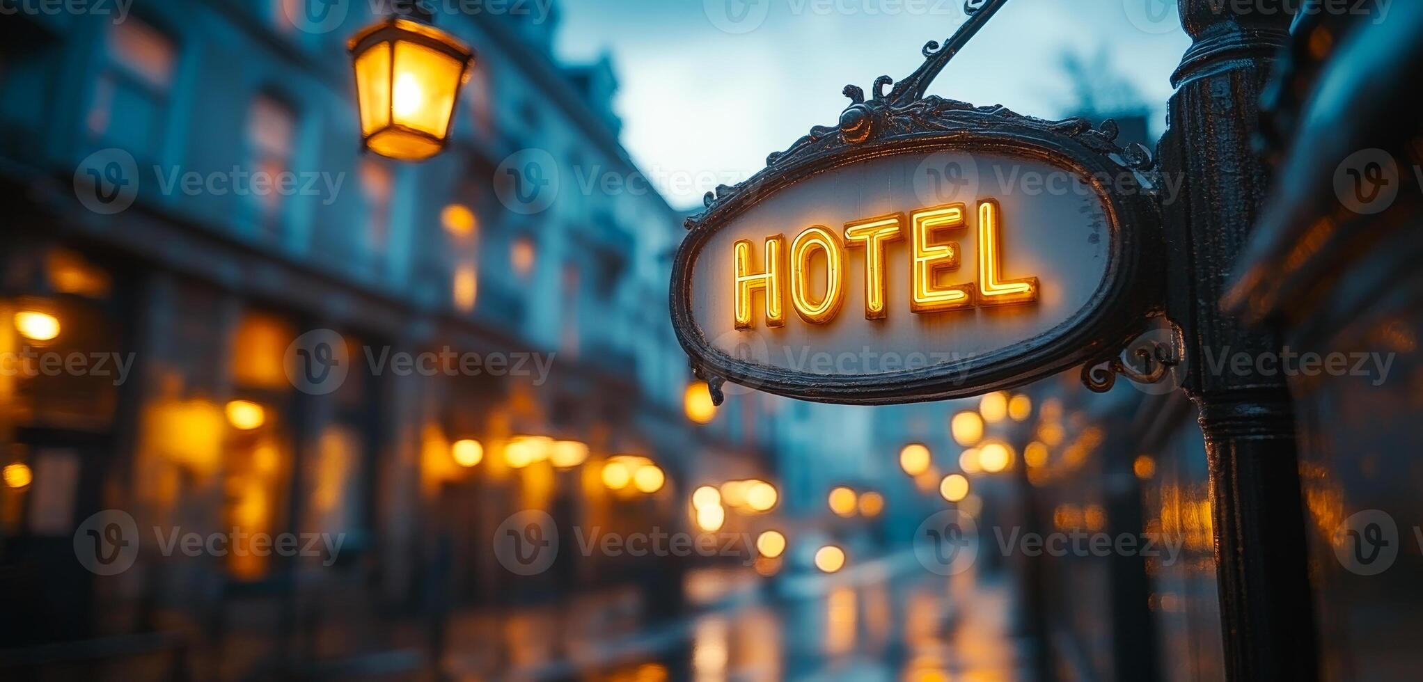A sign for a hotel is lit up in the night. The sign is surrounded by lights and the cityscape in the background. Scene is warm and inviting, with the glowing sign drawing attention to the hotel photo
