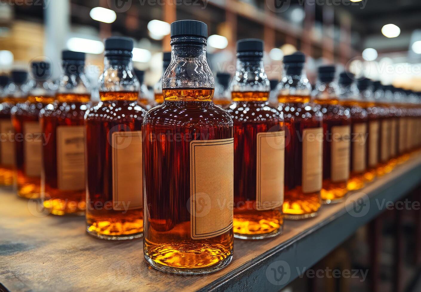 A row of liquor bottles are lined up on a table. The bottles are all the same size and shape, and they are all filled with a brown liquid. The bottles are arranged in a neat and orderly fashion photo