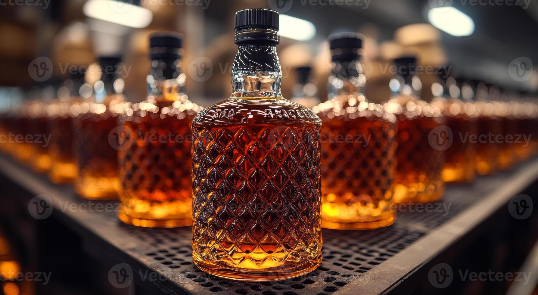 A row of liquor bottles with a clear glass top. The bottles are lined up on a table photo