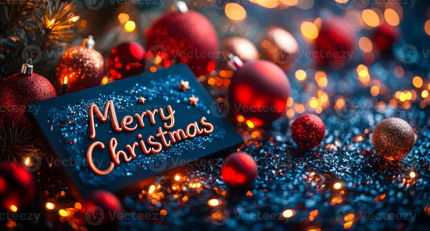 Merry Christmas sign with red and gold balls. The sign is on a black background photo