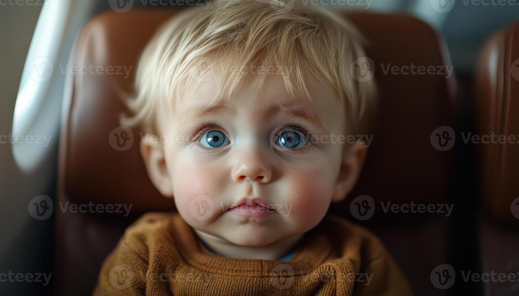 A baby with blue eyes is sitting in a chair. The baby is looking at the camera with a curious expression photo