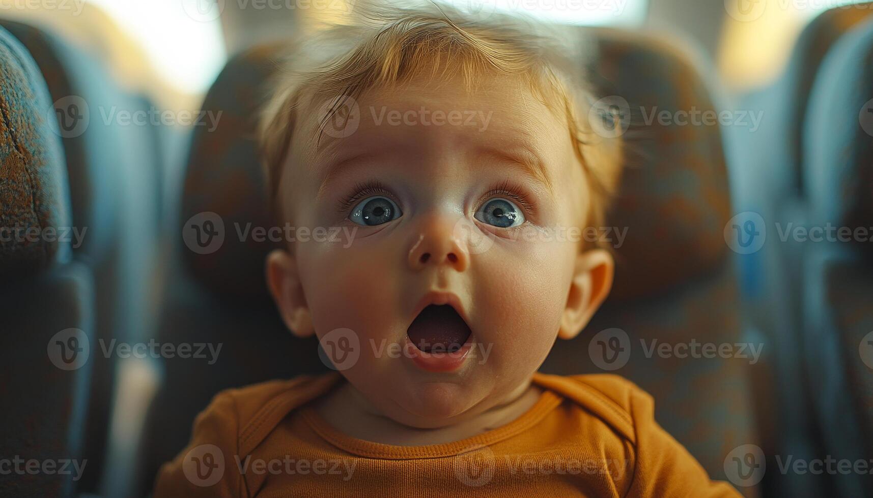 A baby is sitting in a car seat with its eyes wide open. The baby's mouth is open, and its eyes are wide open, giving the impression that it is surprised or excited photo