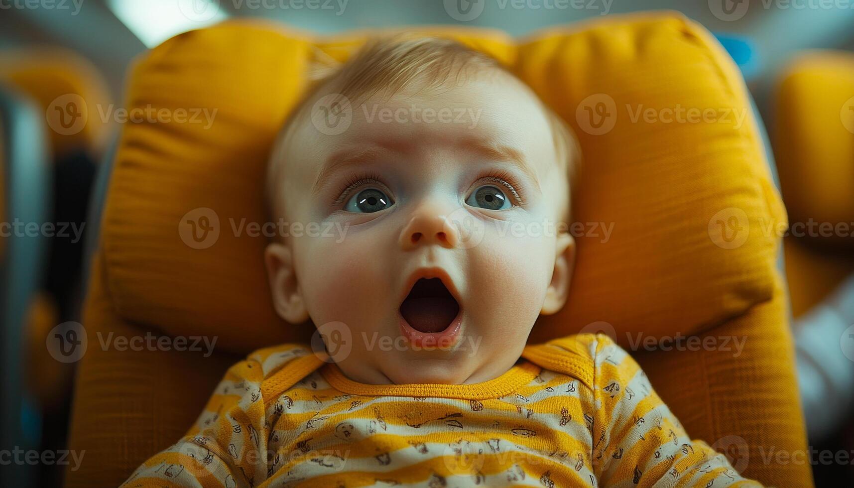 A baby is sitting on a yellow chair with its mouth open. The baby is looking at the camera with a surprised expression photo