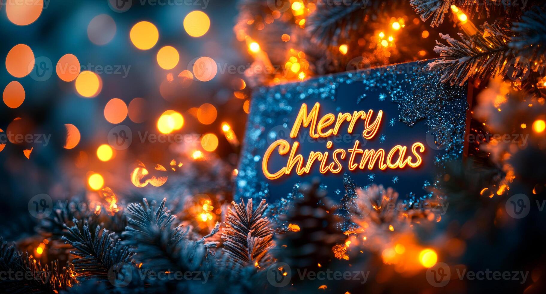 Merry Christmas is written on a blue sign that is surrounded by lights and trees. The sign is placed in the middle of a forest, creating a festive and joyful atmosphere photo