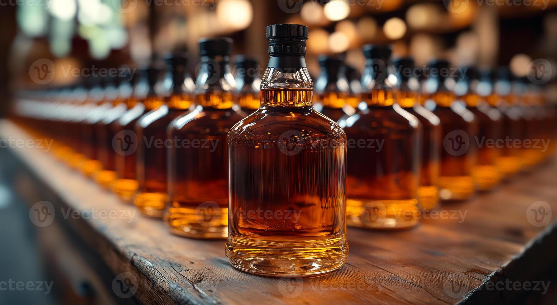 A row of liquor bottles are lined up on a wooden table. The bottles are all the same size and shape, and they are all filled with a golden liquid. The scene gives off a warm, inviting atmosphere photo