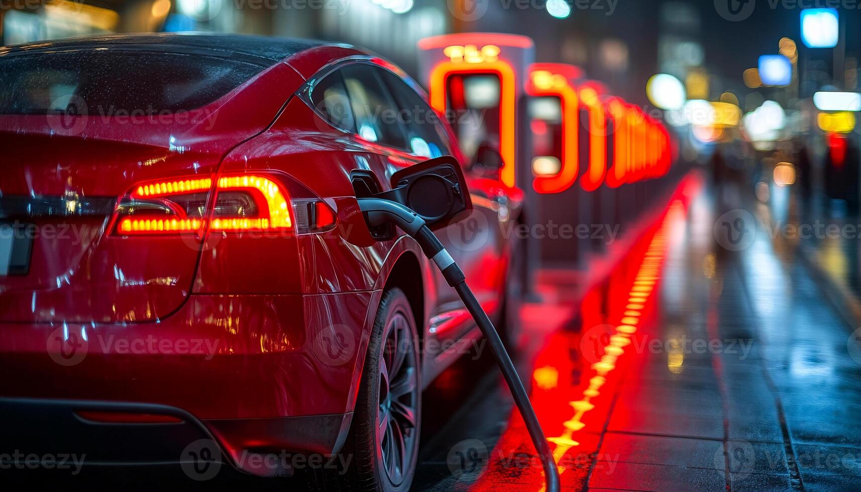A red car is plugged into a charging station. The car is parked in a row of charging stations, and the lights are on. The scene is set in a city at night, with a wet street photo