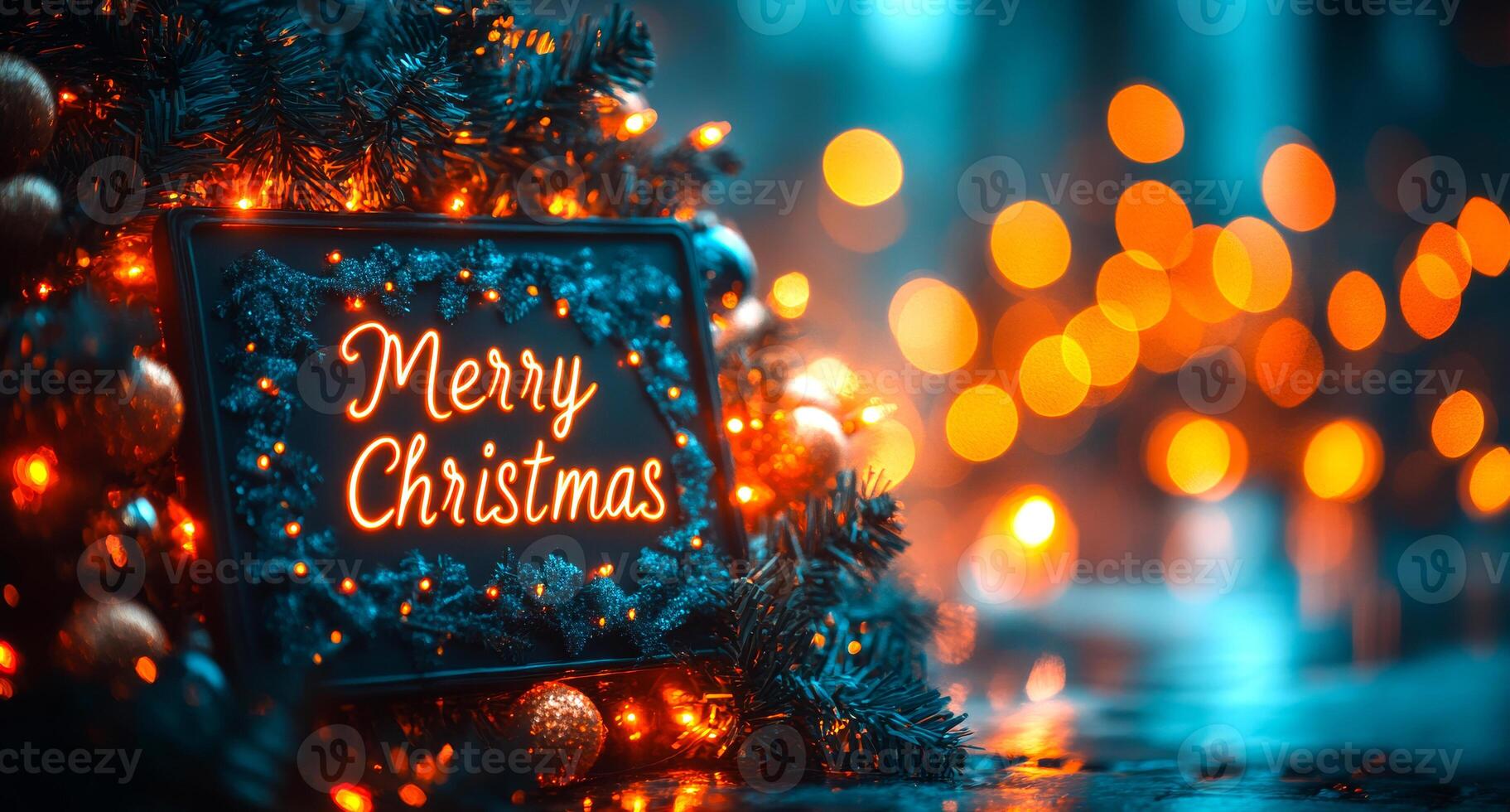 Merry Christmas sign on a tree. The sign is lit up and surrounded by Christmas decorations. Scene is festive and joyful photo