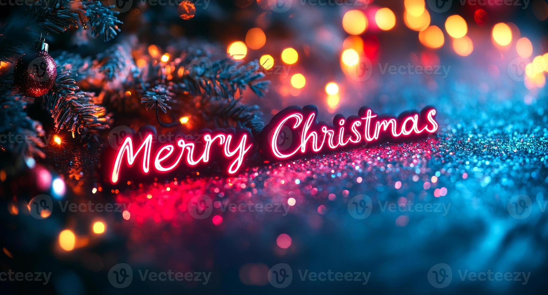 Merry Christmas is written in neon lights on a blue background. A Christmas tree with lights and a sign that says Merry Christmas. Scene is festive and joyful photo