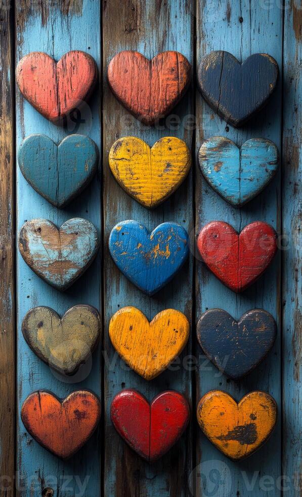 A row of wooden hearts with different colors and sizes. The hearts are arranged in a row on a wooden surface photo