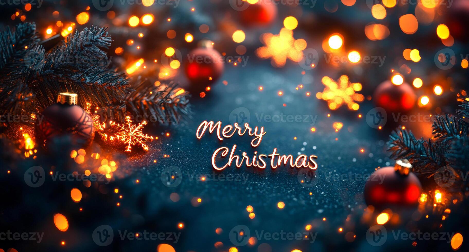 Merry christmas is written on a blue background with red and white Christmas ornaments. The background is lit up with bright lights, creating a festive and joyful atmosphere photo