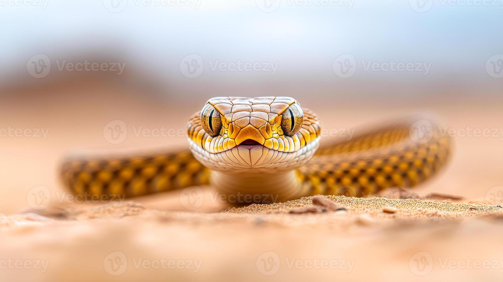 A snake is shown in the foreground of the image, with its head raised and looking at the camera. The snake is brown and white, and it is in a desert-like environment. The image has a sense of mystery photo