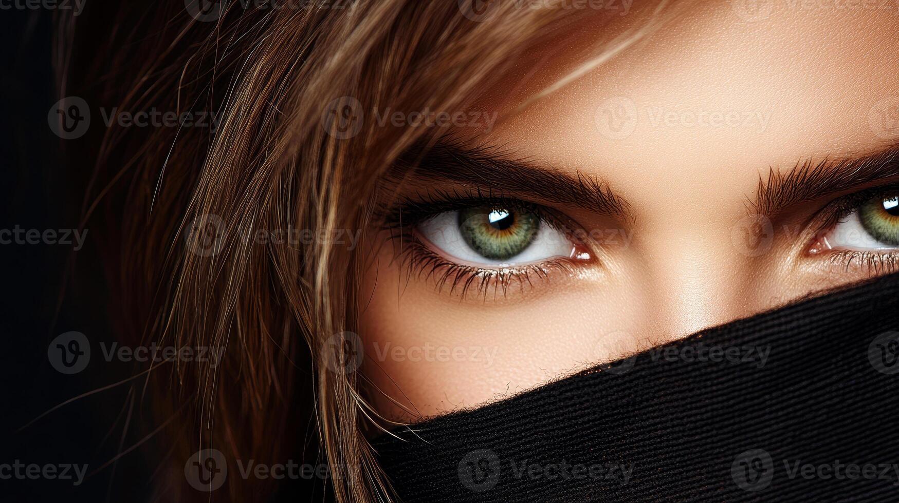 A woman with green eyes is wearing a black scarf over her face. The scarf is covering her eyes and nose, giving her a mysterious and alluring appearance photo