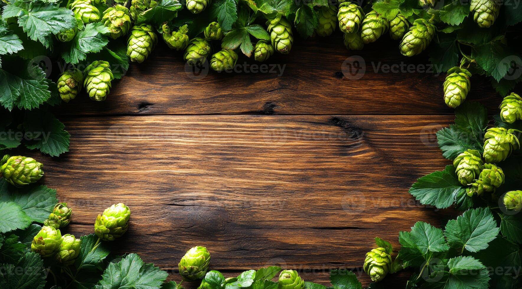 A wooden frame with green leaves surrounding it. The frame is empty and the leaves are the main focus of the image photo