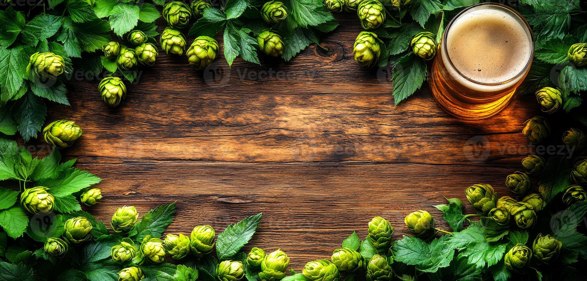 A wooden table with a beer glass and a bunch of green leaves surrounding it. The leaves are arranged in a circle around the table, creating a natural and inviting atmosphere photo