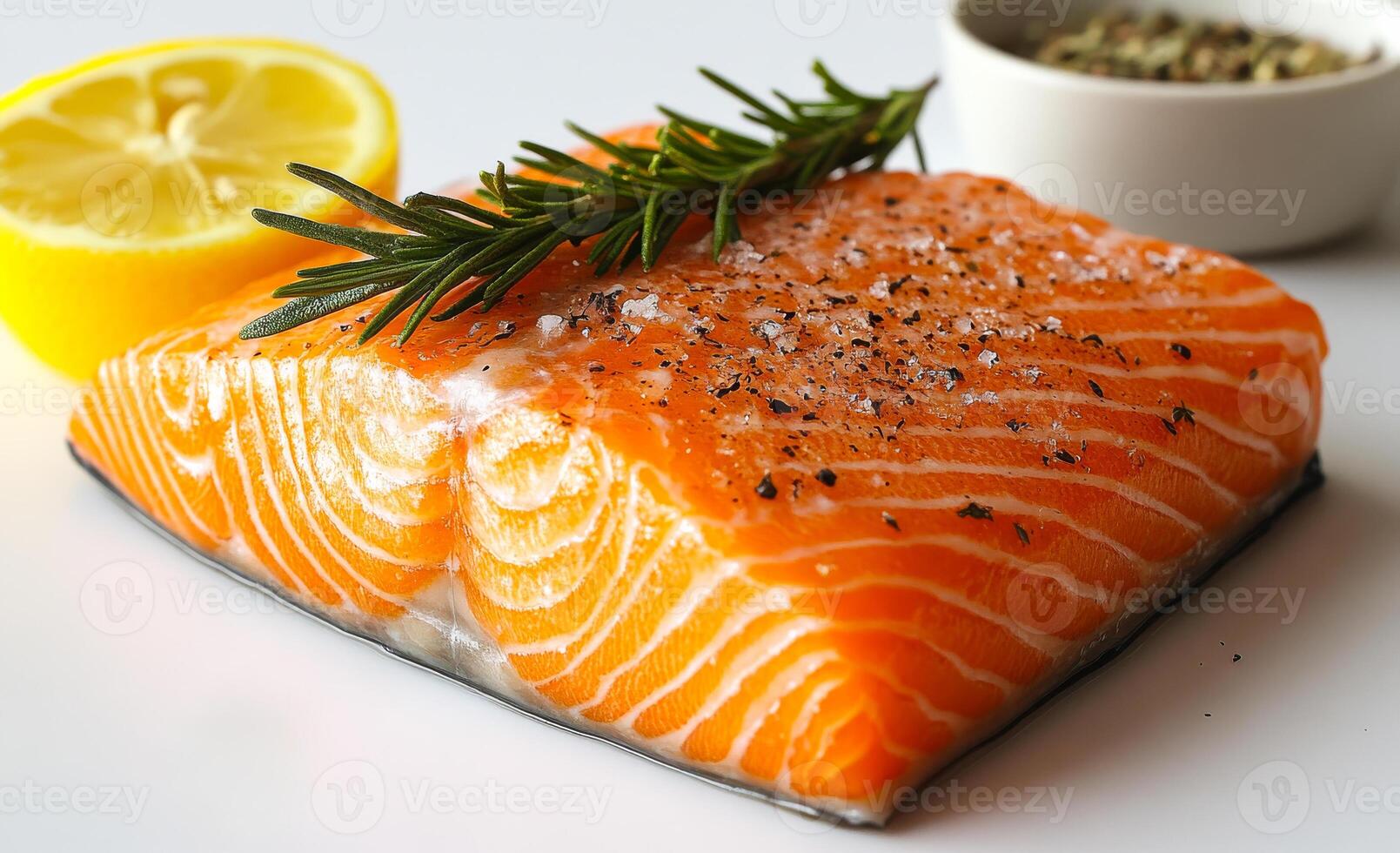 A piece of salmon with lemon and rosemary on top. The salmon is cut into a diamond shape and is sitting on a white plate photo