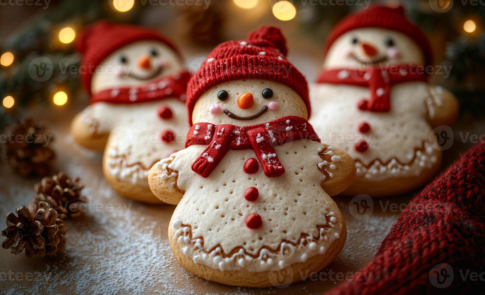 Three snowmen with red hats and scarves are sitting on a table. The snowmen are decorated with icing and appear to be smiling photo