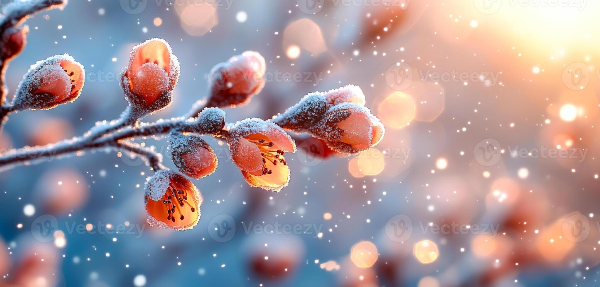 A branch covered in snow and red berries. The snow is falling and the sun is shining through the branches photo