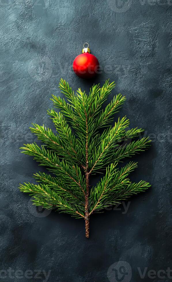 A Christmas tree made of green branches and a red ball on top. The tree is surrounded by a black background photo