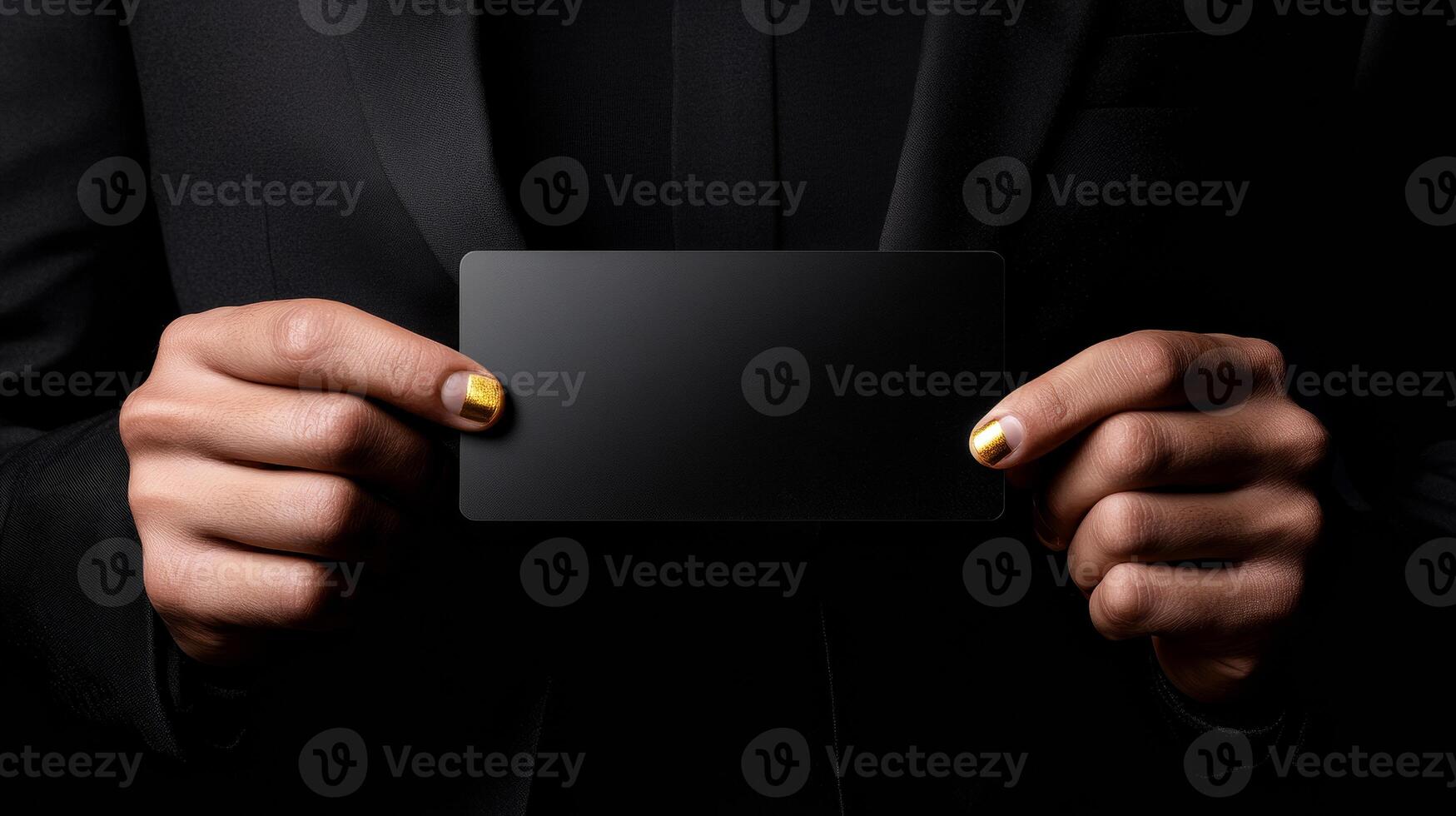 A man is holding a black card with a gold nail polish design on it. The card is blank, but the design on the nails suggests that it could be a blank card for writing a message or drawing a picture photo