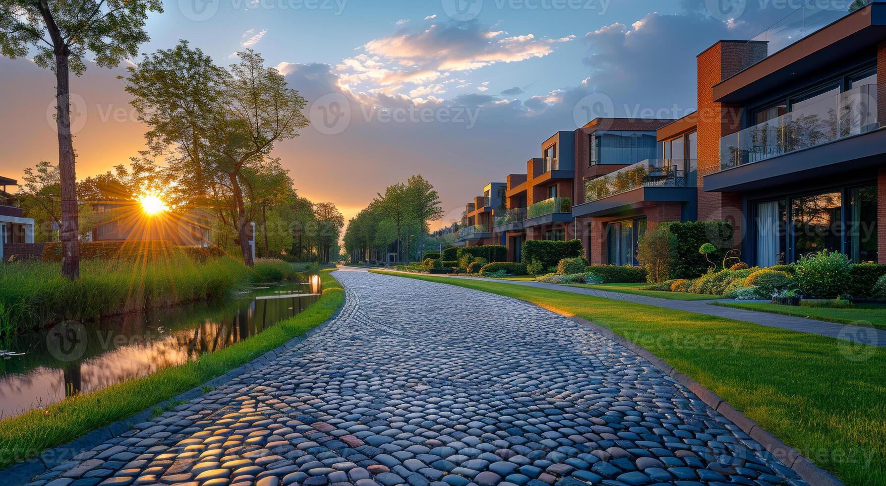 A street with a brick road and houses on either side. The houses are all different sizes and are lined up along the street. The sun is setting, casting a warm glow over the scene photo