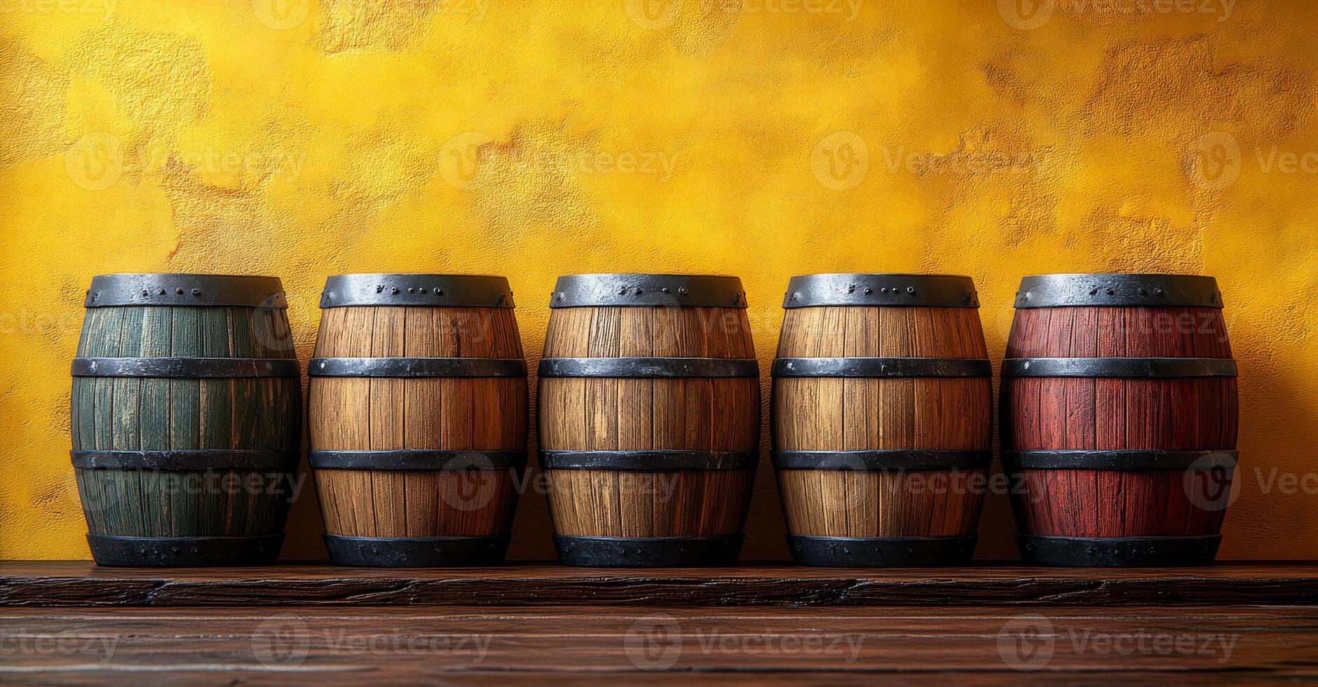 A row of wooden barrels with different colors and sizes. The barrels are arranged in a line on a wooden shelf photo